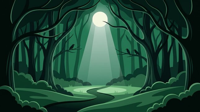 Mysterious forest illuminated by a bright moonbeam shining through the trees