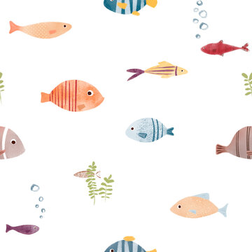 A minimalist seamless pattern of multicolored fish on a white background