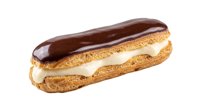 Elegant chocolate &eacute;clair with glossy topping and creamy vanilla filling in a refined patisserie presentation. Isolated on White background.
