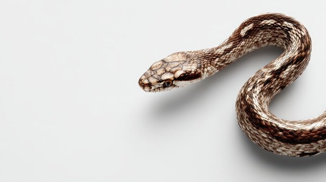 A patterned serpent with intricate scales gracefully coils on a clean white surface. This wildlife shot conveys nature's beauty and can be used for educational content.