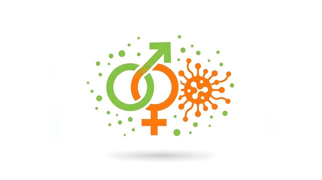 Male and female gender symbols with a virus icon representing sexually transmitted disease concept