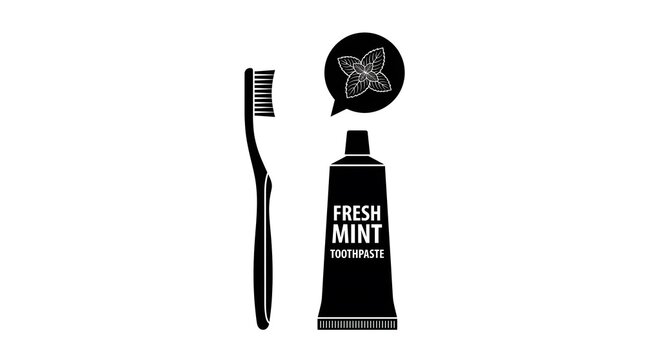 Minimalist black and white illustration of a toothbrush and a tube of fresh mint toothpaste