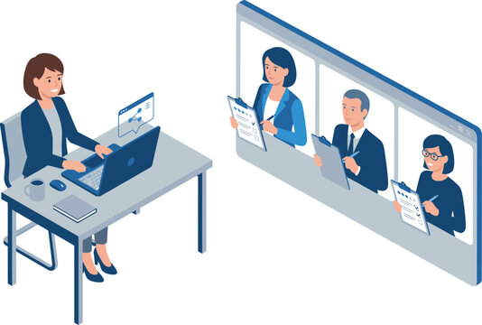 Candidate attending online job interview with panel of interviewers via laptop screen