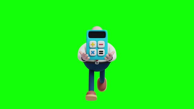 3D cartoon businessman holding large blue calculator, front view, on green background