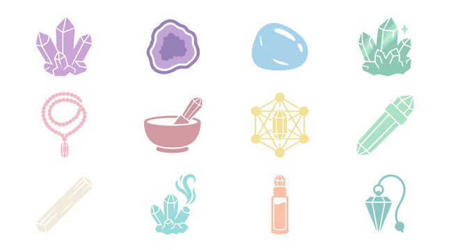 Esoteric collection featuring mortar, crystal grid, and incense burner.