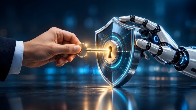 Human hand inserting a key into a digital glowing shield held by a robot representing advanced cybersecurity and artificial intelligence data protection