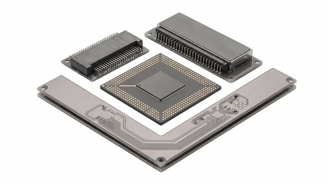 Microchip processor and electronic circuit boards for AI inference hardware on white background