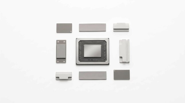 High-density computing processor microchip with electronic hardware components flat lay on white background