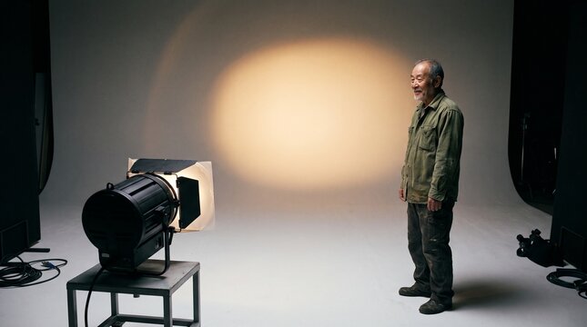 Gaffer checks a warm pool of light on cyclorama