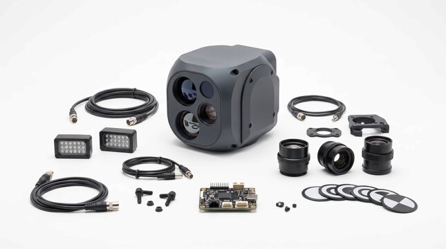 Autonomous night vision industrial smart camera kit with lenses, cables and calibration components on white background