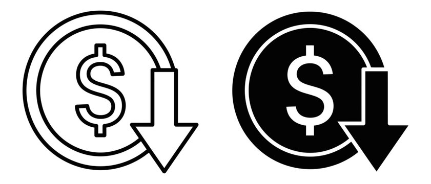 Dollar coin with downward arrow icon representing price reduction