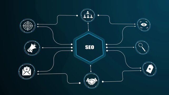 Digital search engine optimization concept, futuristic network structure connecting key marketing icons, modern online strategy and web business growth visualization.