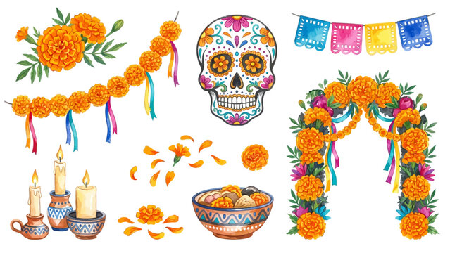 Day of the Dead watercolor collection with sugar skull, marigolds, candles, and festive decorations