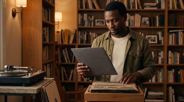 Man chooses a vinyl sleeve in a low lit home den
