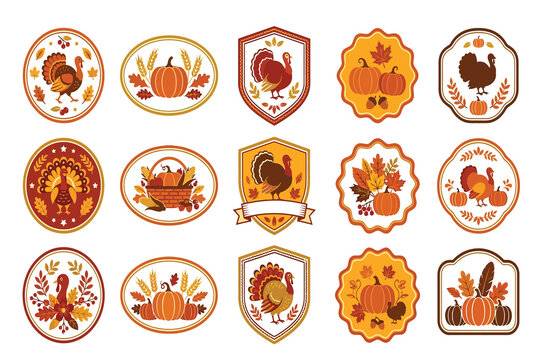 Collection of decorative thanksgiving labels and badges featuring turkeys pumpkins and autumn harvest elements for seasonal design