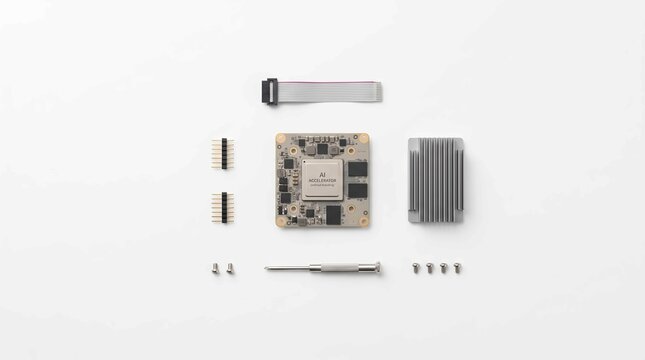 AI accelerator microchip circuit board with tiny screws and screwdriver for inference on white background