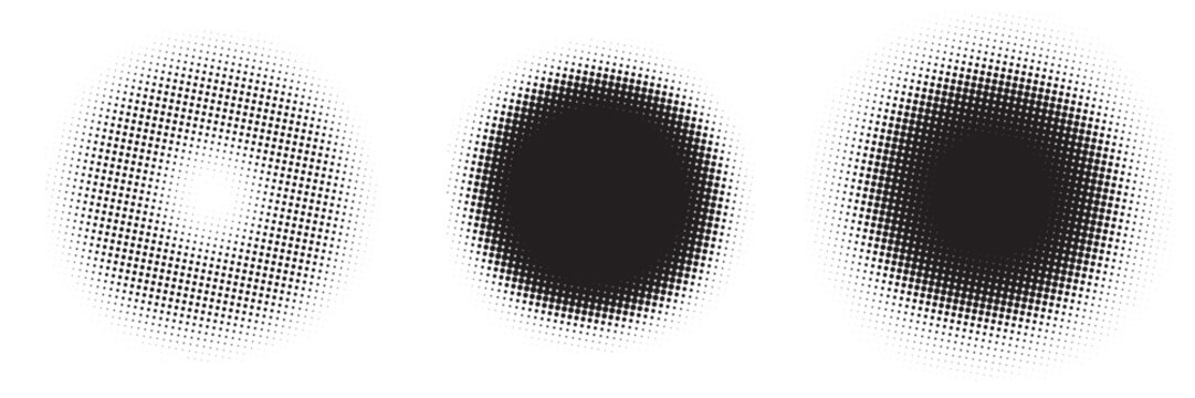 Three circular halftone patterns with varying dot density gradients on a plain white background with gradients arranged horizontally