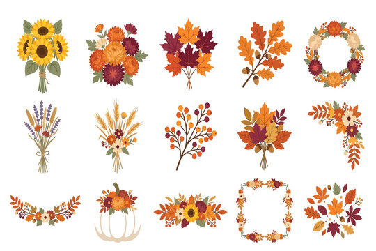 Set of watercolor autumn elements featuring sunflowers pumpkins fall leaves wreaths and floral arrangements for seasonal design