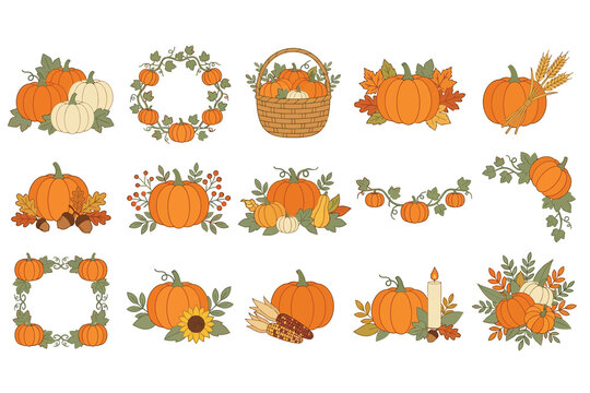 Set of hand drawn autumn pumpkin illustrations with fall foliage flowers and decorative harvest season design elements