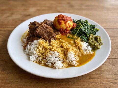 Authentic Indonesian Nasi Padang Rames with Rice, Rendang and Curry Gravy