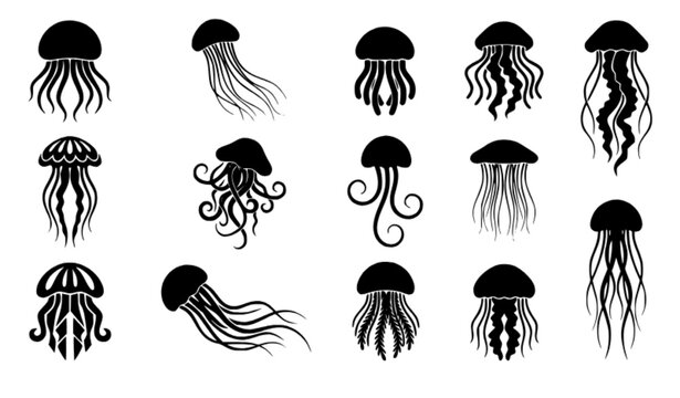 Decorative Jellyfish Silhouette Vector Set with Elegant Flowing Tentacles and Unique Marine Creature Designs on White Background