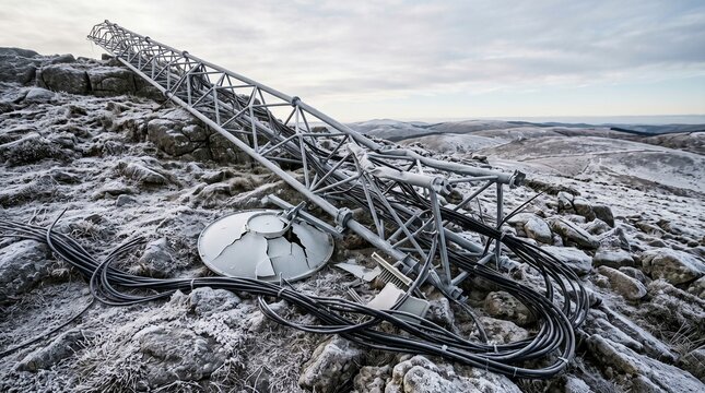 Fallen steel lattice communication tower with cables and broken dish on frosty hillside, damaged infrastructure concept