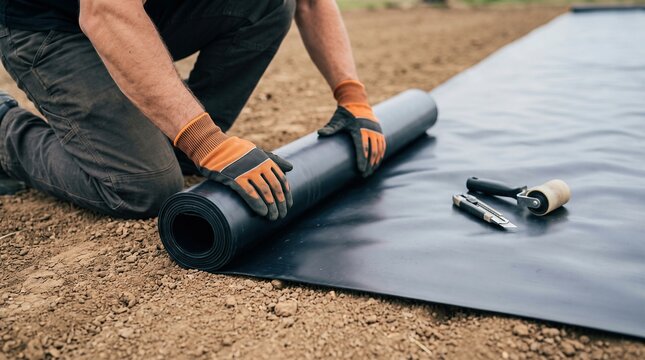 Worker unrolling black plastic sheeting on bare soil with orange gloves, landscaping and construction concept