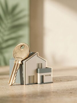 Miniature modern house model with brass key on stone surface, real estate purchase and home ownership concept