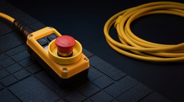 Yellow industrial pendant control with red emergency stop button and coiled cable on dark textured surface, machine safety concept