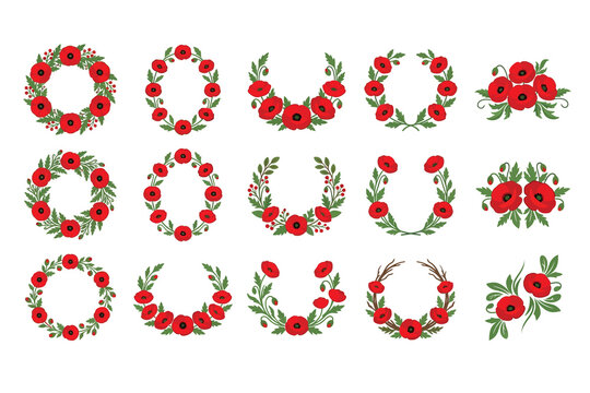 Collection of decorative floral frames and wreaths with red roses and green leaves for wedding invitation designs