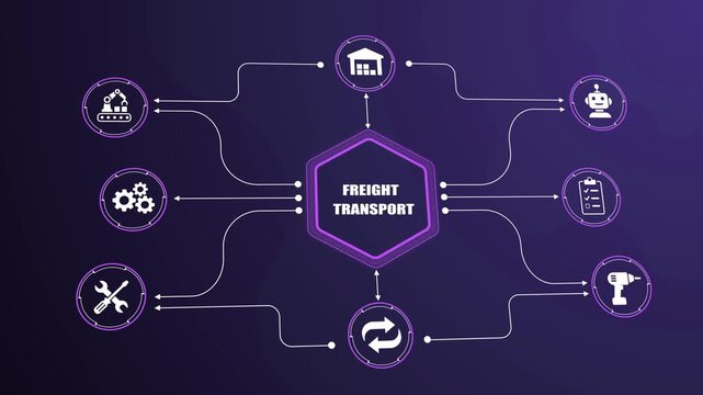 Freight transport digital log icon concept, cargo delivery management workflow diagram, global cargo distribution network UI chart, industrial modern shipping process presentation.