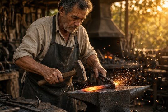 Skilled artisan shaping glowing metal with hammer and anvil.