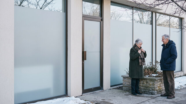 Elderly person readies at a winter pharmacy doorway