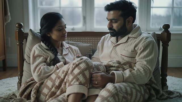 Turning woman watching man sipping mug on daybed, sharing blanket staying warm, wearing striped pjs
