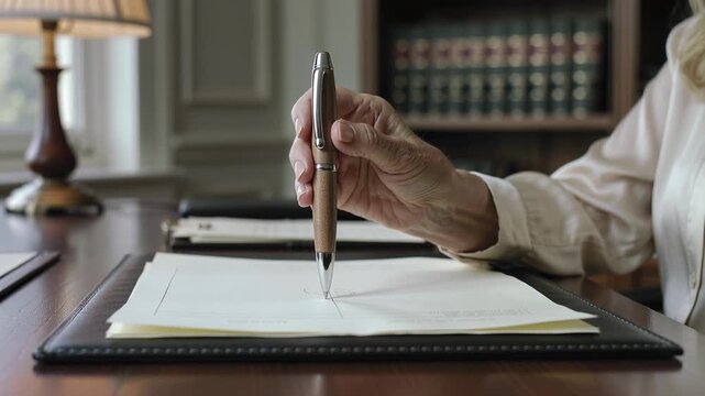 Passing left cuffed hand offering wood pen toward right sleeved hand in office, marking crosshair