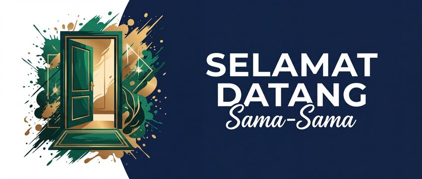 Welcome banner open green door with abstract gold paint splatters displaying selamat datang sama sama greeting on dark modern background for elegant invitation hospitality and new beginning illustrati