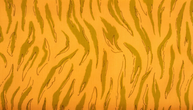 Olive tiger print, thin brushy stripes on warm sand, trendy animal pattern background for textile and fashion design