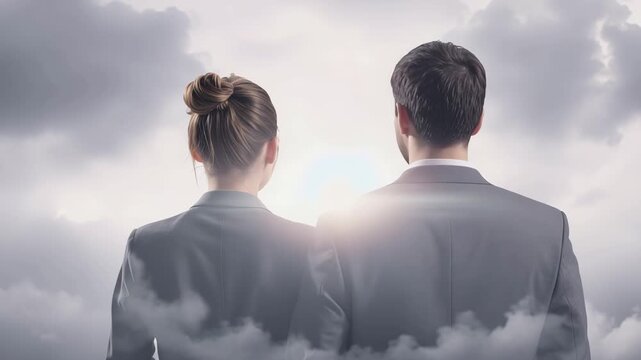 Business man and woman standing together beneath dark storm clouds as sunlight breaks through, symbolizing resilience, hope, leadership, teamwork and overcoming challenges on the path toward a better 