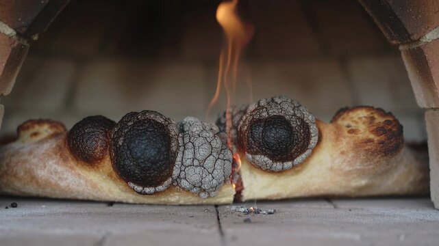 Baking flatbread blistering and cracking inside wood-fired brick oven, embers fueling seam flame