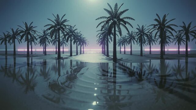 Sending ripples, splash near central palm base distorting palm reflections in flooded palm grove