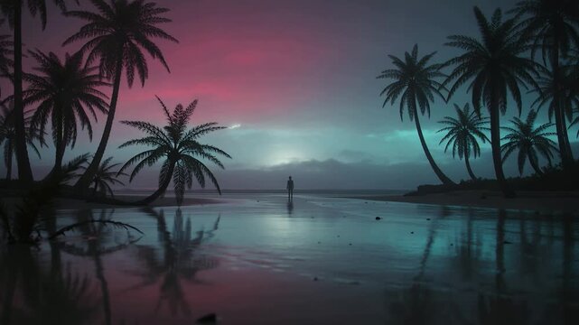 Standing figure pondering horizon at tropical beach with sky shifting and wet sand reflecting palms