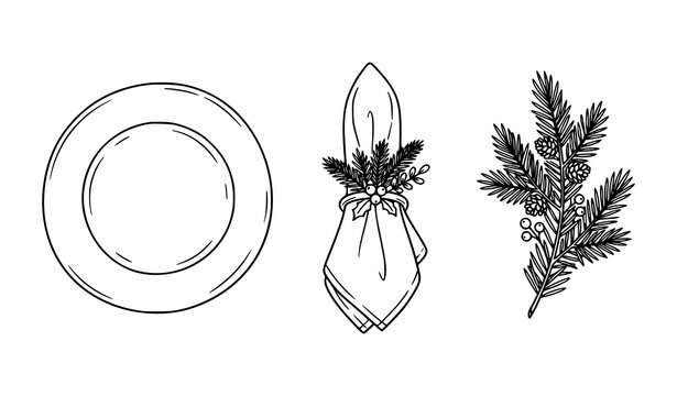 Minimalist hand drawn line art icons of a dinner plate a festive napkin ring and a pine branch with black white fir branch christmas table setting decoration illustration minimalist