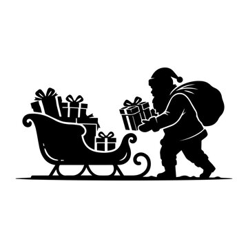 Silhouette of a bearded man with a sack and a sleigh full of gifts