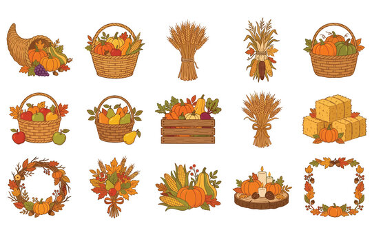 Collection of hand drawn autumn harvest elements featuring pumpkins baskets cornucopia and fall foliage for seasonal design