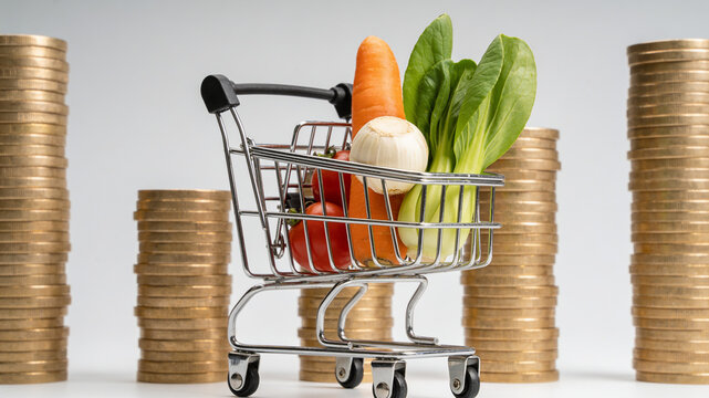 Shopping Cart with Groceries in Front of Coin Stacks, Inflation
