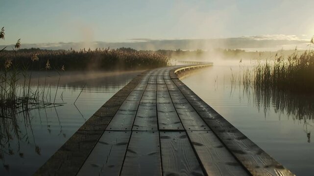 Tracking camera moving forward along wooden boardwalk at marsh sunrise, revealing mist reflections