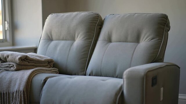 Panel activating power recliner raising right footrest in living room to recline