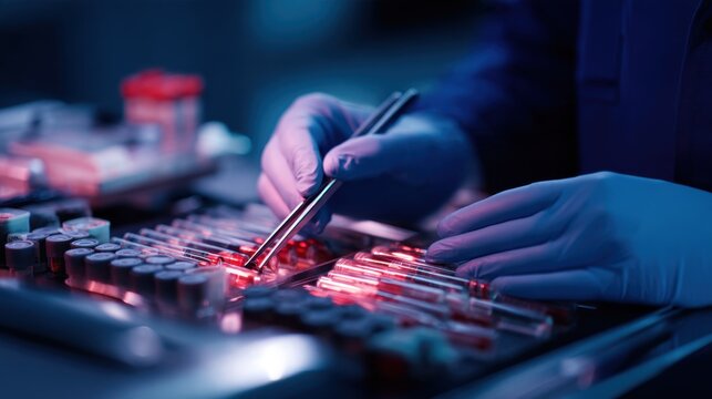 A person in gloves carefully manipulates test tubes illuminated by vibrant red lighting
