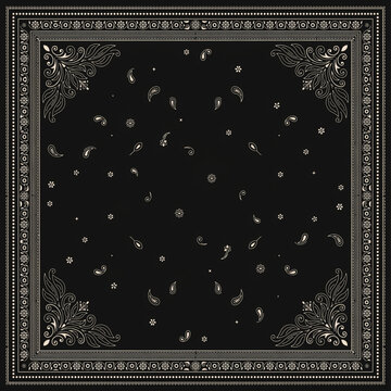 Seamless black bandana print with decorative paisley and floral ornament elements
