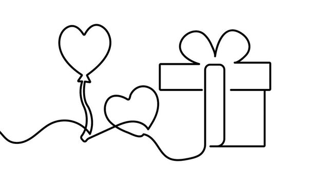 Heart gift box animation drawn in continuous line art on white background 4k animation. Heart gift box animation features a continuous line drawing outlining heart balloons and a gift box.